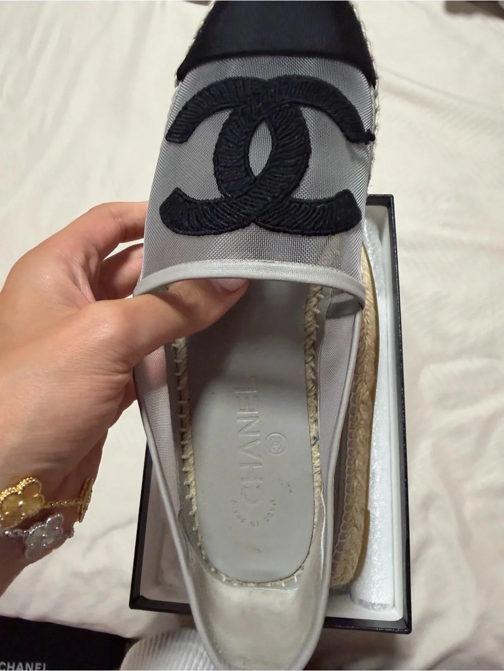 AUTHENTIC CHANEL Black & Gray Mesh Espadrilles with Jute Sole